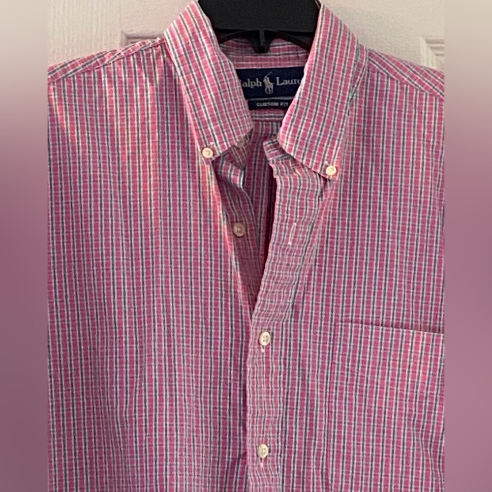 Ralph Lauren Men’s Cotton LS Button Down Shirt.  Pink, Green and White stripe.